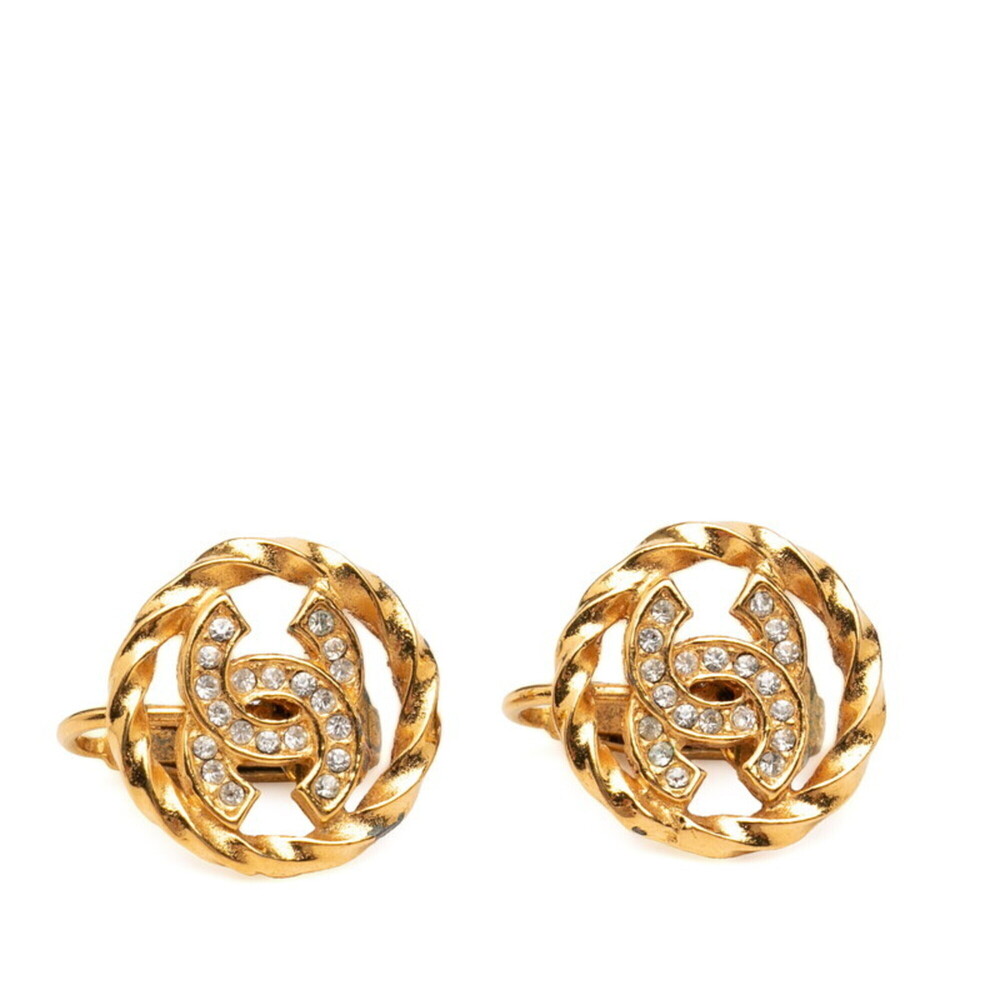 Chanel Coco Mark Round Twist Design Earrings Ear Clip Gold Plated Rhinestone ...